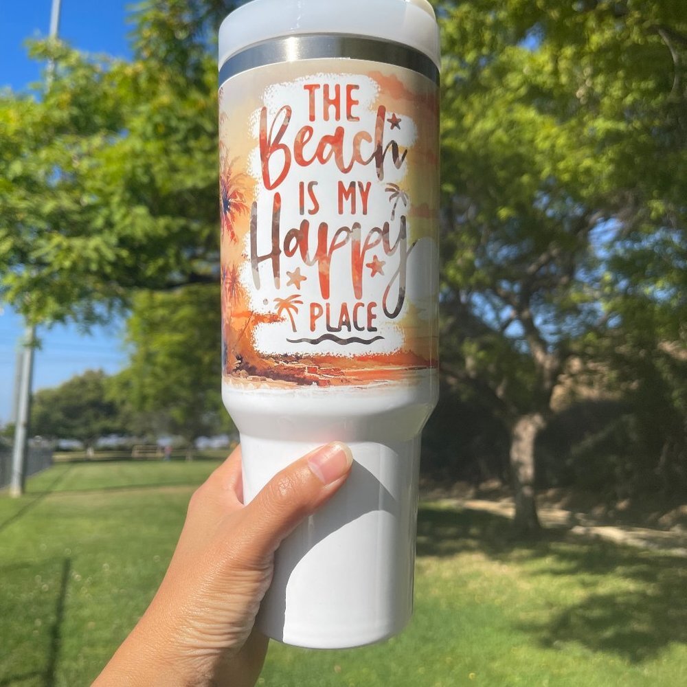 40 oz Colorful The beach is my Happy Place Double-wall vacuum insulation…
